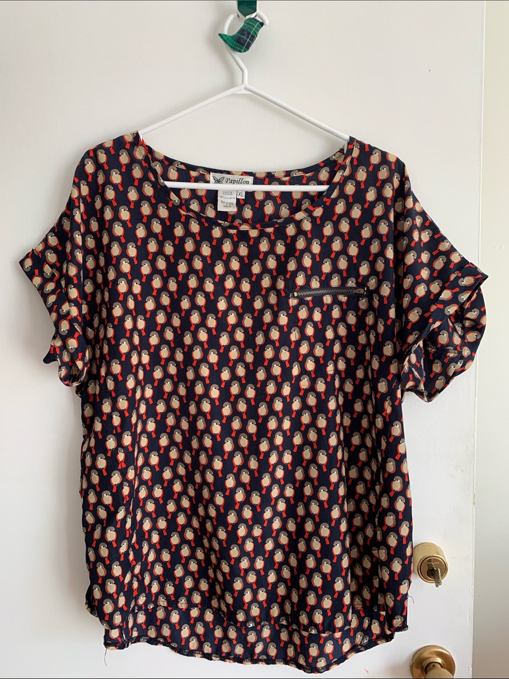 Papillon Blanc Navy Blouse with Red and Cream Penguin Dot Print